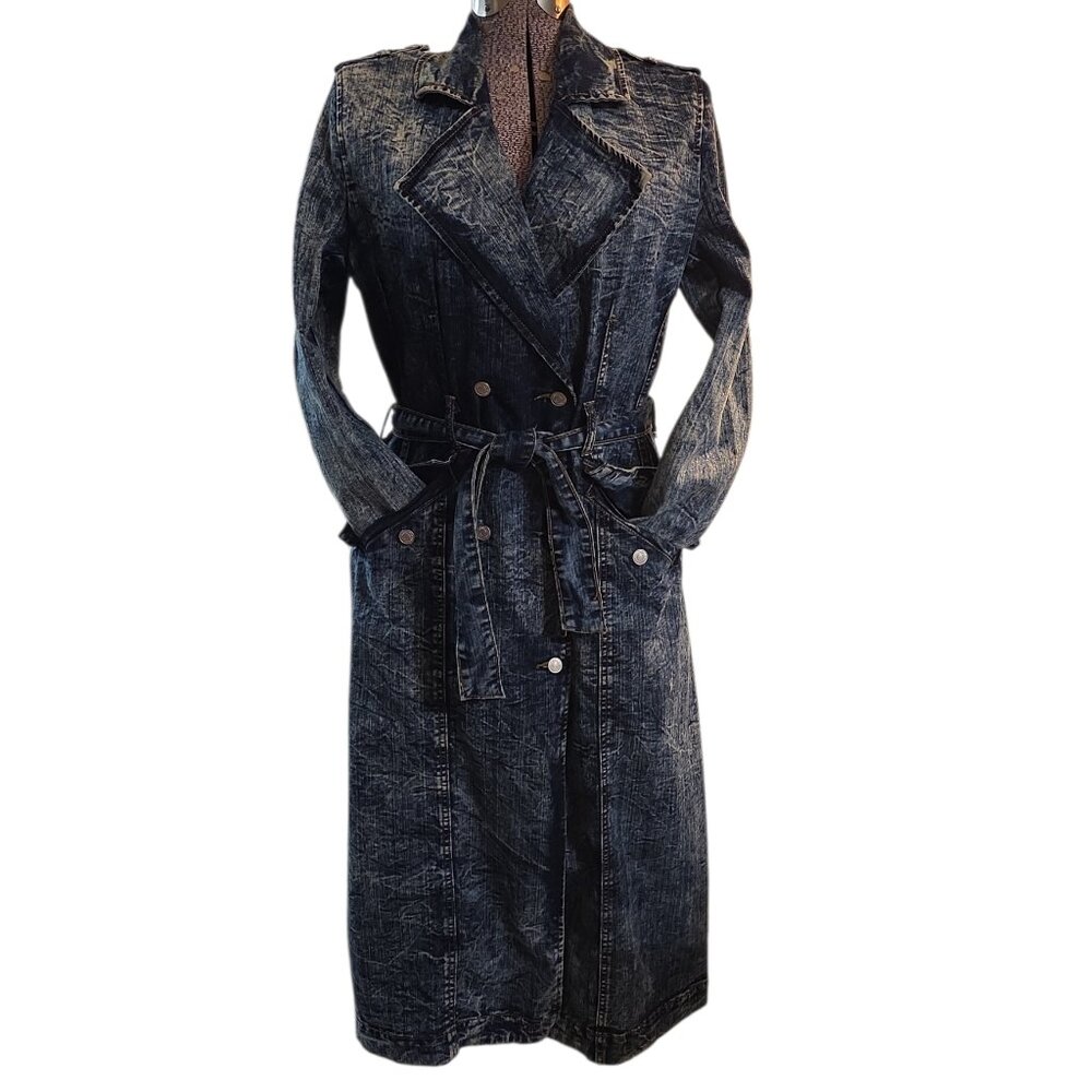 Size Medium Thrill Jeans Dark Blue Acid Wash Denim Trench Coat Excellent Cond!